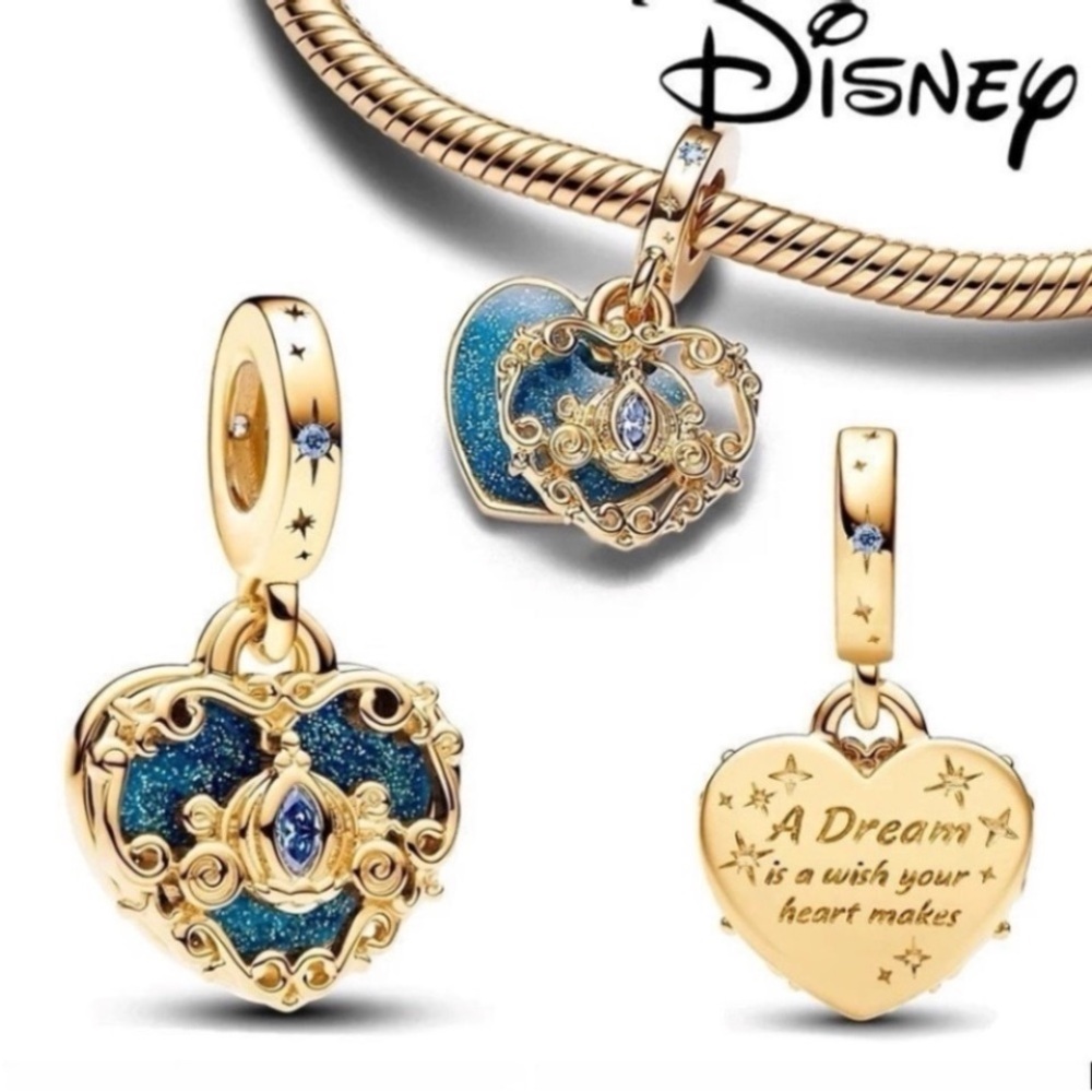 Disney Cinderella carriage heart charm gold crystal rhinestones - Picture 2 of 5